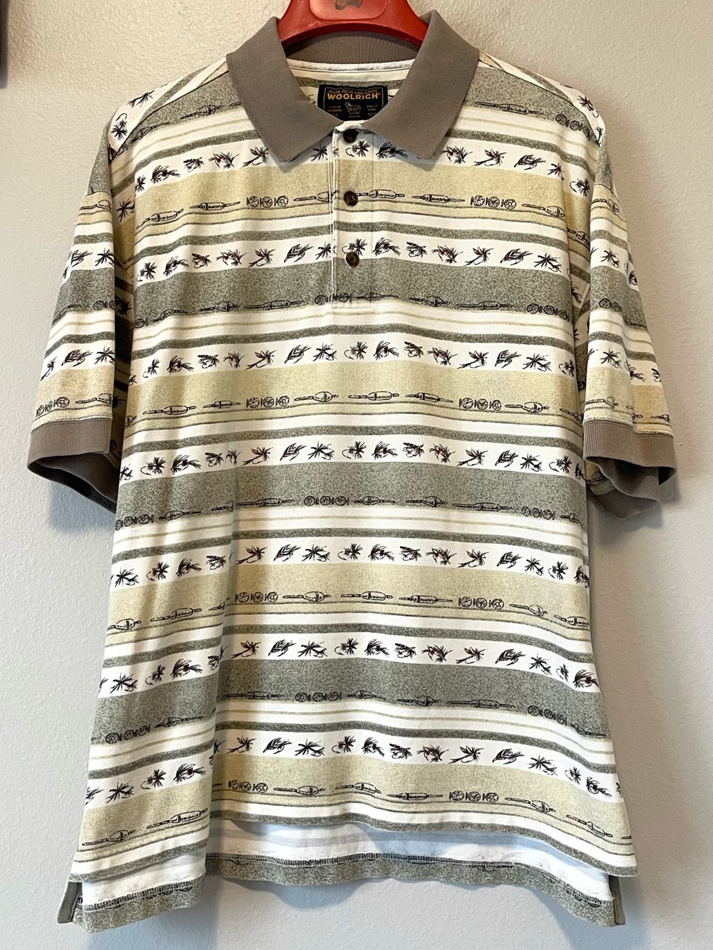 Vintage Woolrich Khaki Fishing Polo - Lures & Stripes - Size Large